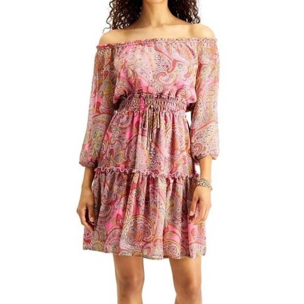 Tommy Hilfiger Pink Paisley Off-Shoulder Dress Size 10 Elastic Waist 3/4 Sleeves - Picture 1 of 16